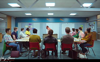 The teacher fucks a student with the class watching