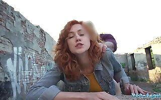 Public Agent Sexy redhead waitress sucks cock and gets fucked doggystyle outside in public